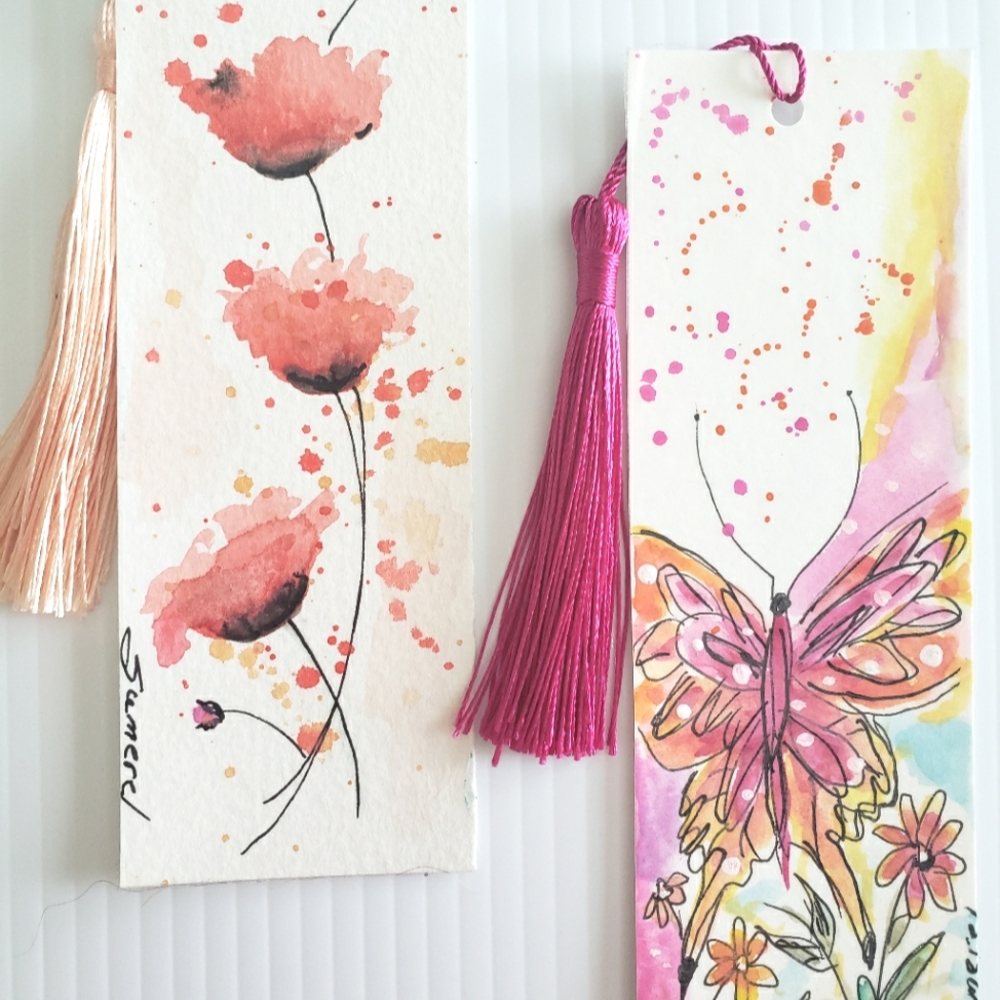 Hand Painted Floral and Butterfly Watercolor Bookmarks with Tassels